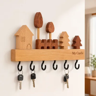 Produktbild von Schlüsselbrett aus Holz - Mit 6 Haken - Wandmontage für Flur Eingang Küche Büro