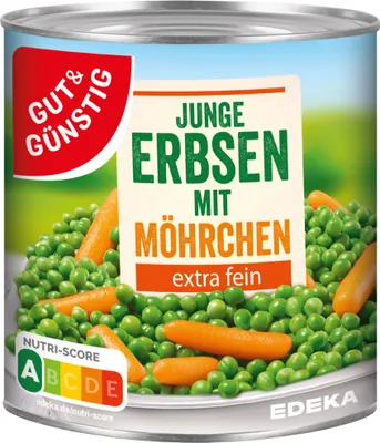 Produktbild von Gut & Günstig Junge Erbsen mit Möhrchen extra fein (800g Dose) + usy Block