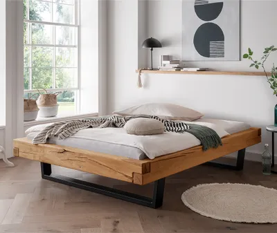 Produktbild von Massivholz Doppelbett, 160x200 cm, Eiche massiv, ohne Kopfteil, schwarze Metallkufen, UPPSALA-137, B/H/T ca. 178/42/228 cm