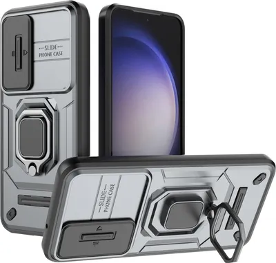 Produktbild von Hülle für Samsung Galaxy S23 Dual Layer Handyhülle Schiebe Kamera Schutz und Ringhalter Ständer Grau