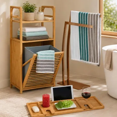 Immagine prodotto di Set da bagno (3 pezzi) – Portasapone in bambù, mensola porta-cestino e portasciugamani in acciaio inossidabile
