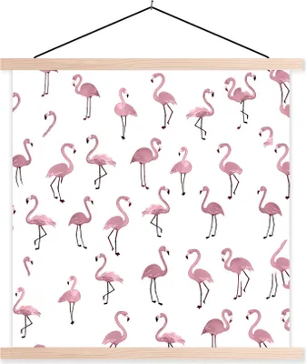 Produktbild von MuchoWow® Textilposter Flamingo - Rosa - Muster - Illustration 120x120 cm mit holzfarbenen Rahmen - Textil-Poster