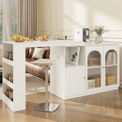 A white bar table with a sideboard and glass cabinet doors, set in a living room with a brown leather sofa and wooden flooring.
