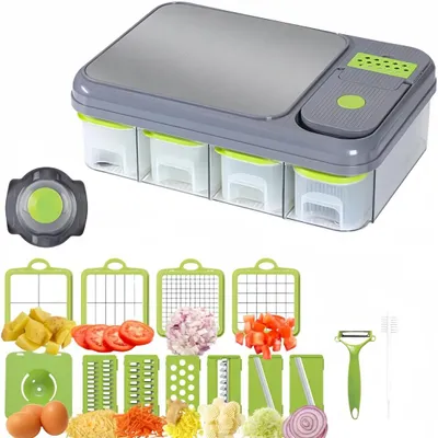 Produktbild von 16-in-1 Gemüsehacker & Prep-Station, mit 11 Austauschbare Klingen, multifunktional: Hobel, Reibe,Eiertrenner,Schneidebrett,Aufbewahrungsbox,Handschutz