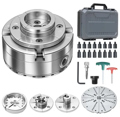 Immagine prodotto di Mandrino autospinante per tornio in legno - Mandrino a 4 ganasce da 100 mm (10 cm) - Filettatura 2,54 cm x 8 TPI con adattatore - Set di 5 ganasce di serraggio - Superficie nichelata - Valigetta di trasporto