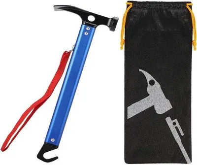 Produktbild von Unyqoos® Zelthammer 30 cm – multifunktionaler Campinghammer mit Haken, Kohlenstoffstahlkopf, Aluminiumoxid-Griff, 0,35 kg, Tragetasche (Blau)