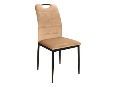 A single beige upholstered dining chair with black metal legs is shown against a white background.