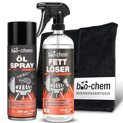 Produktbild von bio-chem BBQ-Fettlöser Set 3-tlg: Fettlöser 750 ml + Öl-Spray 200 ml + Mikrofasertuch I Schonende Reiniger für Edelstahl & Aluminium an Grill & Küche