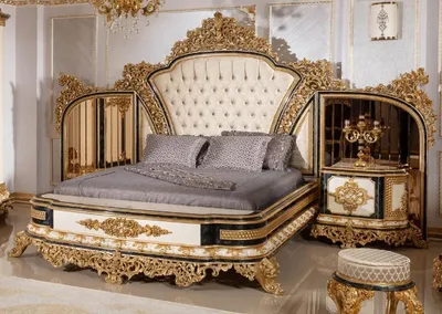 Produktbild von Casa Padrino Luxus Barock Doppelbett Gold / Weiß / Blau / Gold - Prunkvolles Massivholz Bett mit verspiegeltem Kopfteil - Schlafzimmer Möbel im Barockstil - Edel & Prunkvoll