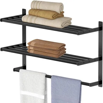 Immagine prodotto di Portasciugamani da bagno, a 3 ripiani, da parete, 60 cm, nero, impermeabile e antiruggine