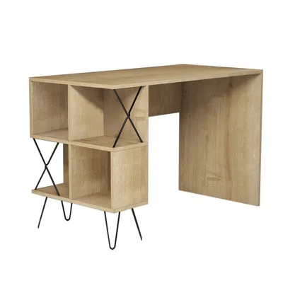 Produktbild von Skye Decor, Hochwertiger Schreibtisch, 120 x 60 x 78,8 cm, Eiche und Schwarz | 100% melaminbeschichtete Spanplatte, 18 mm dick | Mit zahlreichen Regalen, Wandmontage möglich, Modernes Industriedesign.