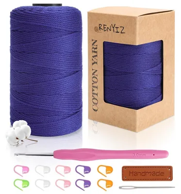 Immagine prodotto di Filo per uncinetto, filo per macramè, 2,5 mm, 250 g, 210 m, 100% cotone, colore blu, con set di uncinetti