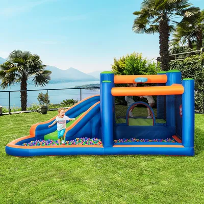 Zdjęcie produktu dla Nadmuchiwany dmuchany zamek z zjeżdżalnią, basenem, koszem do koszykówki, trampoliną, z tkaniny Oxford, wielokolorowy | 380 x 340 x 170 cm | dla 3 dzieci | 450 W