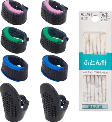 Produktbild von Sashiko-Naai-Set mit 14 Stücken - Japanische Nadeln und flexible Leder Fingerhügel - Sashiko-Stich-Paket mit 6 Nadeln und 4 Paaren Fingerhügeln