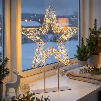 Produktbild von ECD Germany LED Weihnachtsstern 48,5 cm Weihnachtsdeko mit Lichterkette Stern Leuchtstern auf Sockel Weihnachtsbeleuchtung Innen/Außen 300LED Warmweiß