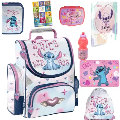 Produktbild von Schulranzen für Jungen und Mädchen, 8er-Set - Schul-Rucksack für Kinder mit Federmäppchen - Schuhbeutel Trinkflasche und Brotdose - Stitch Motiv