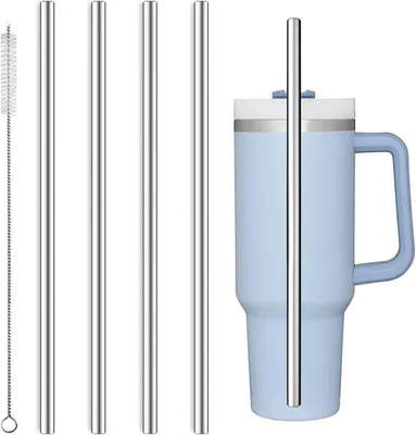 Produktbild von Edelstahlhalme – Set mit 4 – 30 cm lange Halme – Wiederverwendbar – 1 Reinigungsbürste – Edelstahlhalme für Trinkflaschen