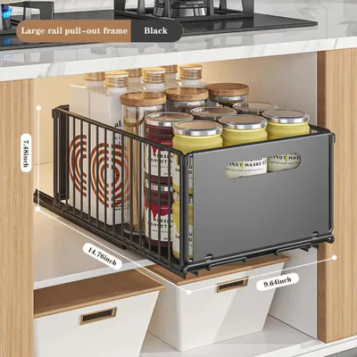 Image de Organisateur de placard extensible - Panier métallique pour armoire de cuisine - Étagère télescopique - Tiroir pliable - Taille L - 1 pièce