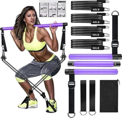 Produktbild von Famanu Pilatesbarset mit 4 Widerstandsbändern - Verstellbare Länge, Schaumstoffgriff, Türanker