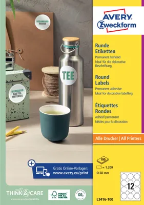 Produktbild von Avery Zweckform - Etikett Zweckform L3416 rund 60mm weiß 1200 Stück