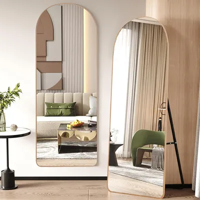 Image de Miroir mural complet, dimensions 160 x 50 cm, cadre en aluminium doré, à fixer au mur ou à poser