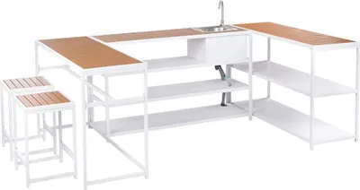 Produktbild von BELIANI Outdoor-Küche Weiß Stahl u. Kunstholz 5er Set mit Spüle 2 Hocker 3 Inseln Modern für Garten Draußen Outdoor-Küchenmöbel Gartenküche