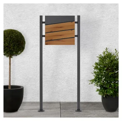 Produktbild von Standbriefkasten mit Zeitungsfach, Design Briefkasten mit Pfosten, Briefkastenanlage, Briefkastenständer Anthrazit 120 cm Edelstahl pulverbeschichtet, Postkasten in Anthrazit-Holzoptik Stahl