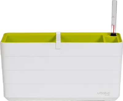 A white planter box with a green interior, featuring a water level indicator.