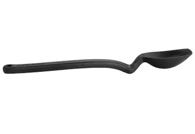 A black spoon with a unique curved handle is shown against a white background.