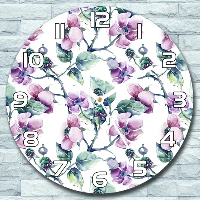 Produktbild von Wanduhr aus Glas Rund fi 30 Brombeerblüten Quarz Deko Wohnzimmer Büro