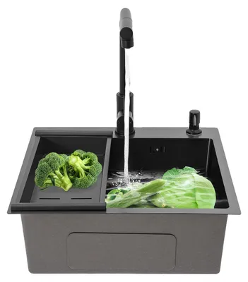 Immagine prodotto di Lavello da cucina, vasca singola, rubinetto estraibile, nero