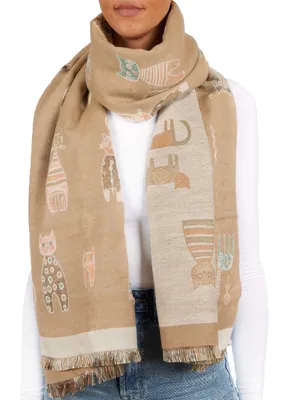 Produktbild von BRUBAKER Cashmirillo Damen Schal mit Katzen Muster - 70 x 200 cm - Wollschal für Herbst und Winter - Weiches Kaschmir-Gefühl, Hellbraun