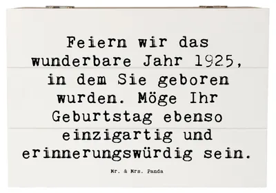 Produktbild von Mr. & Mrs. Panda Holzbox Spruch 1925 Geburtstag 22 x 15 cm - Weiß - Geschenk, zum, fotobox, Geschenkbox, Box, Feiern, schatztruhe, Holztruhe, geboren, mit Deckel, Alter