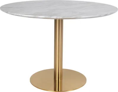 Image de Bojan Table à manger Ø110 cm, look marbre, pieds couleur laiton.