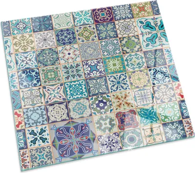 Produktbild von Mosaikmuster auf Fliesen – Glasbodenplatte für – Kaminofen – Kaminplatte Glas – Schutzglas – Funkenschutzplatte –Glasbodenplatte Feuerfeste – Hitzeschutzplatte – Bodenschutz aus Glas – 60x60 cm