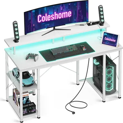 Produktbild von Gaming Tisch LED-Beleuchtung Steckdosen USB-Anschlüssen Monitorständer Stauraum 120x50cm