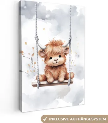 Produktbild von MuchoWow® - Leinwandbilder - Schottischer Hochländer - Tier - Kinder, Wandbild, Wanddeko Bilder Wohnzimmer, 60x90 cm