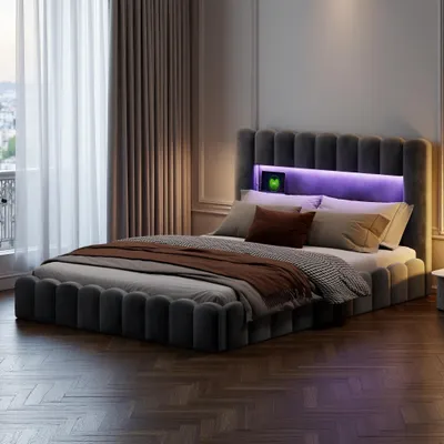 Immagine prodotto di Letto imbottito ProximaX 180x200 cm con LED e USB/Type-C, letto matrimoniale con rete a doghe, rete idraulica e vano contenitore, testata imbottita, tessuto di lino, grigio
