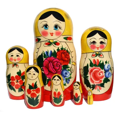 Produktbild von Matroschka Puppen russische Babuschka Matrjoschka gelbes Tuch handbemalt Set aus 7 Holzfiguren 18 cm hoch