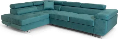 A teal sectional sofa with adjustable headrests and a chaise lounge is shown against a white background.