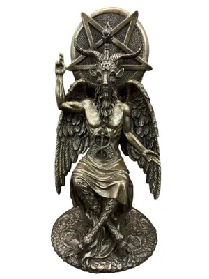 Productafbeelding van Baphomet-beeldje op globe, mystieke sculptuur, decoratieve figuur, woonaccessoire, verzamelobject, cadeau-idee, voor kantoor, plank, bronskleur. Artikelnummer: WU77950A1