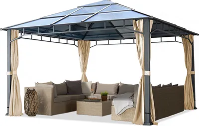 A gazebo with outdoor furniture inside, set against a white background.