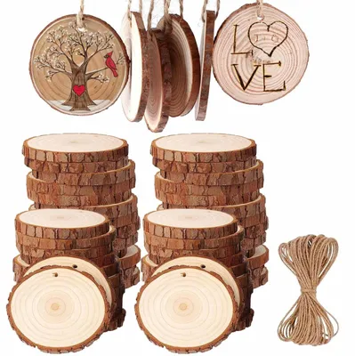 Imagen del producto de 50 discos de madera con cuerda de yute para manualidades