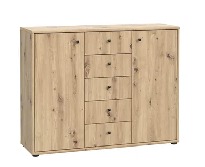Produktbild von Forte Kommode, Artisan Oak, 2 Türen, 5 Schubladen, 4 Einlegeböden, Melaminbeschichtung, Holzspanplatte, ca. 109 x 85 x 34,8 cm (B x H x T), Modell T2KK45, Serie TEMPRA, kugelgelagerte Metalllaufschienen