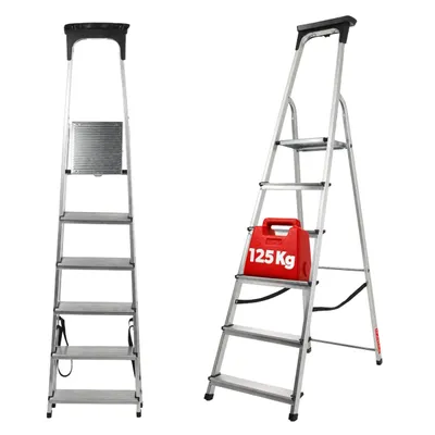 Zdjęcie produktu dla KADAX Drabina Aluminiowa 6 Stopniowa Składana Domowa mocna Półka +Hak 125kg