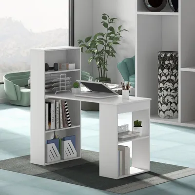 Immagine prodotto di Scrivania con libreria, tavolo per computer con 6 ripiani, tavolo per PC con ripiano, tavolo da ufficio bianco