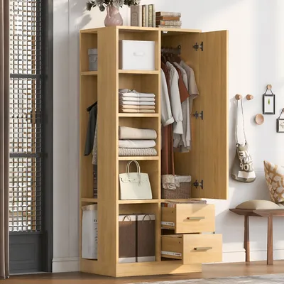Produktbild von Flieks Eckkleiderschrank mit 2 Kleiderstange, Kleiderschrank Gaderobe mit Tür und 2 Schubladen, Gaderobenschrank 70x50x170 cm, Naturbelassen