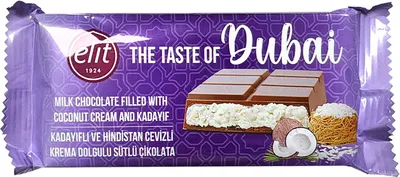 Produktbild von Elit Dubai Schokolade Kokosnuss 90g mit Kokosnusscreme und Kadayif