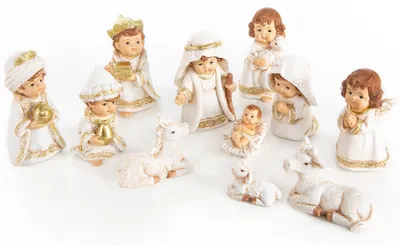 Produktbild von 11 Krippenfiguren Weihnachtskrippe kindlich gold weiß edel 7,5 cm