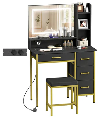 Produktbild von Schminktisch mit Spiegel, LED-Beleuchtung, Ladestation, Hocker, 4 Schubladen, schwarz